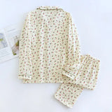 GETADME 2025 Spring and Autumn Women's Pajama Set 100% Cotton Crepe Long sleeved Pants Two piece Cute and Sweet Home Fury Set Ladies