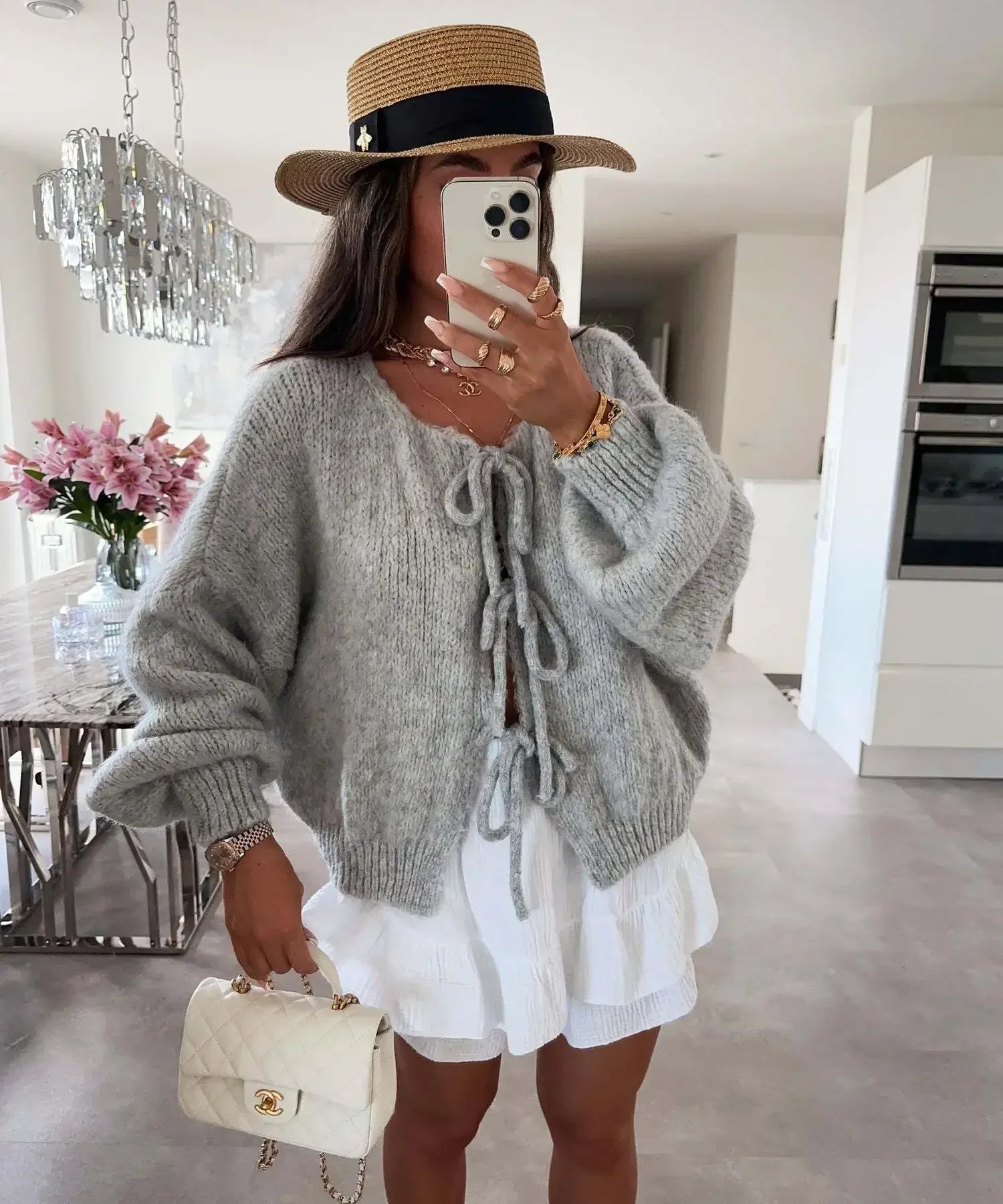 GETADME 2025 Vintage Y2k Sweaters Women Fall Tie Front Sweater Solid Color V-Neck Long Sleeve Loose Knitwear Soft Cardigan Tops Winter