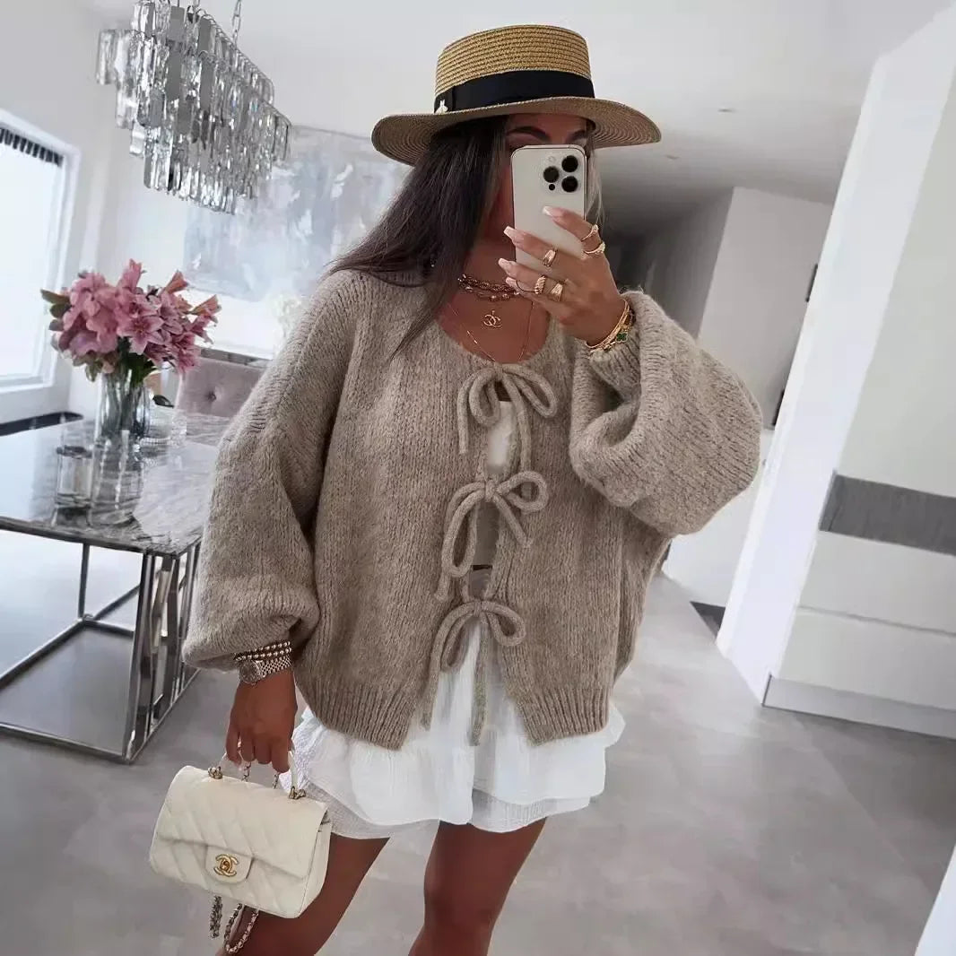 GETADME 2025 Vintage Y2k Sweaters Women Fall Tie Front Sweater Solid Color V-Neck Long Sleeve Loose Knitwear Soft Cardigan Tops Winter
