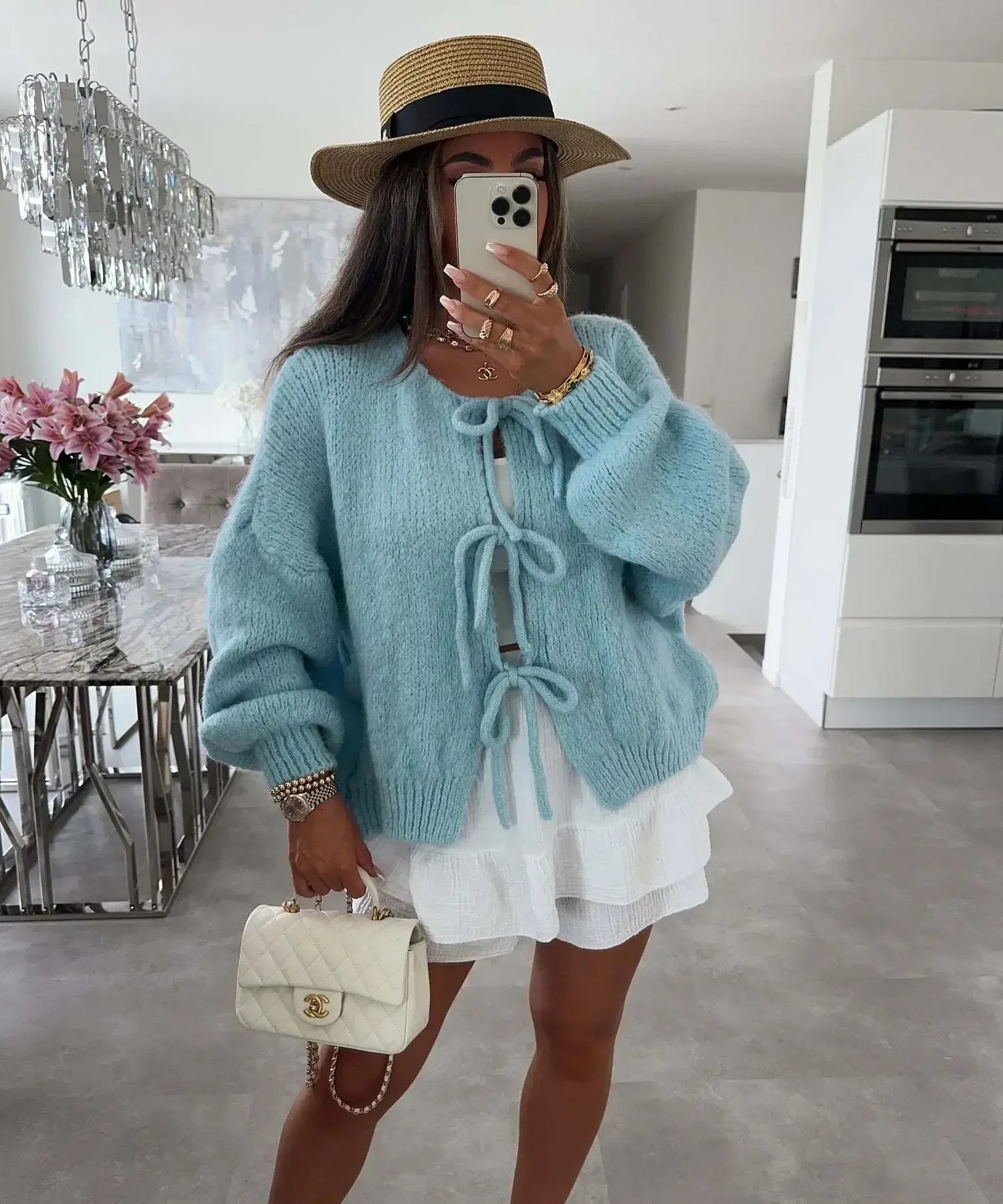 GETADME 2025 Vintage Y2k Sweaters Women Fall Tie Front Sweater Solid Color V-Neck Long Sleeve Loose Knitwear Soft Cardigan Tops Winter
