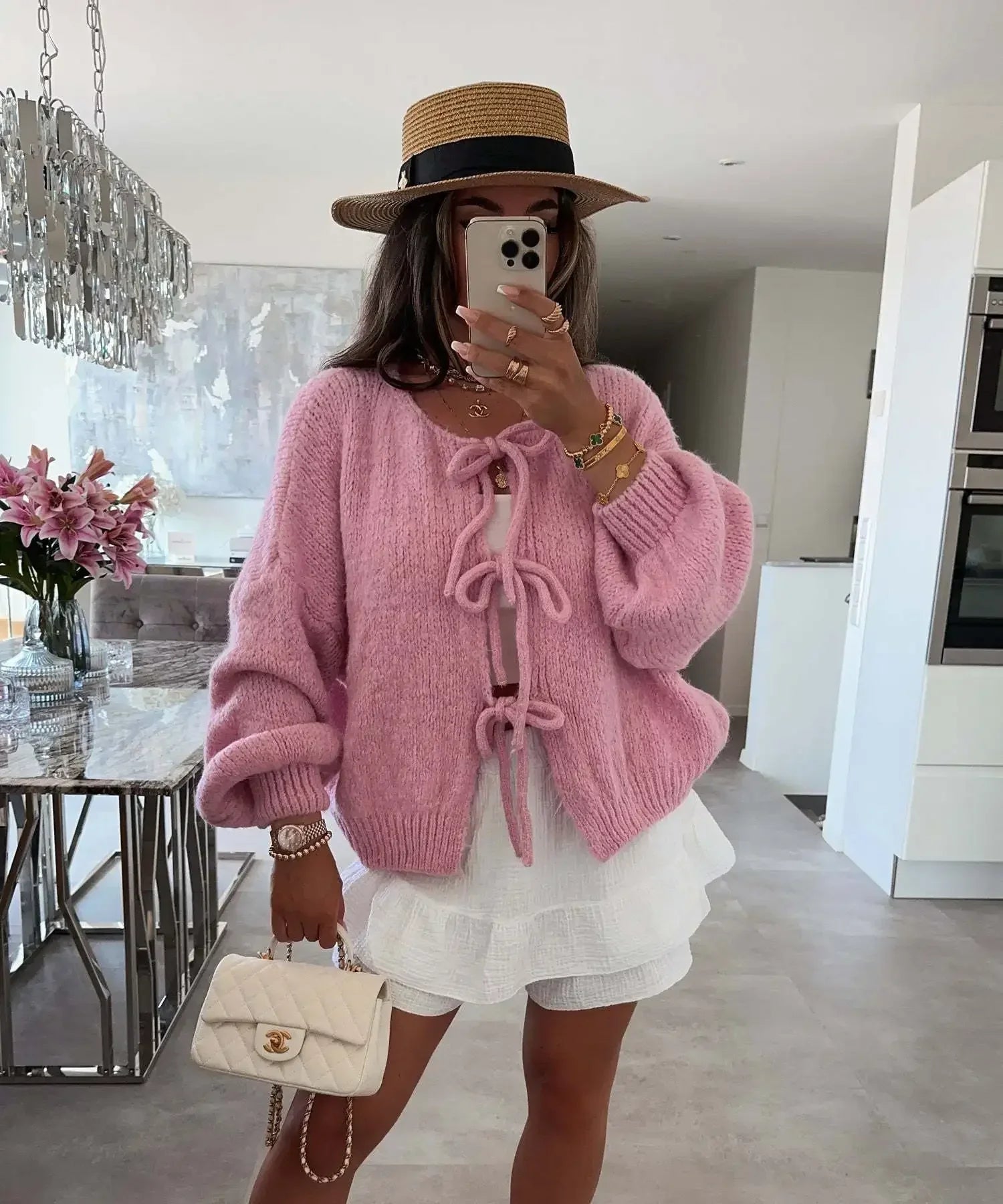 GETADME 2025 Vintage Y2k Sweaters Women Fall Tie Front Sweater Solid Color V-Neck Long Sleeve Loose Knitwear Soft Cardigan Tops Winter