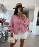 GETADME 2025 Vintage Y2k Sweaters Women Fall Tie Front Sweater Solid Color V-Neck Long Sleeve Loose Knitwear Soft Cardigan Tops Winter