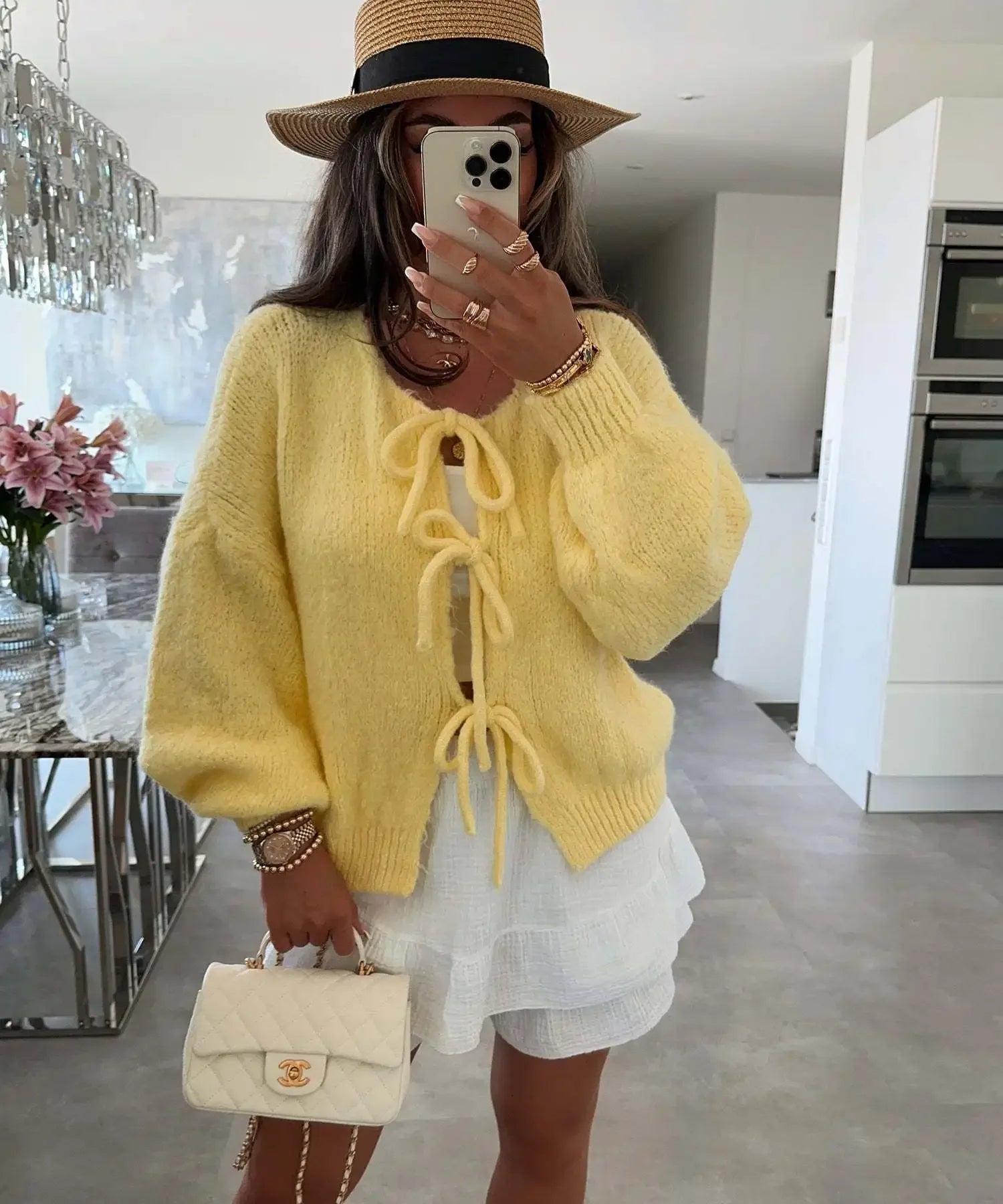 GETADME 2025 Vintage Y2k Sweaters Women Fall Tie Front Sweater Solid Color V-Neck Long Sleeve Loose Knitwear Soft Cardigan Tops Winter