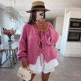GETADME 2025 Vintage Y2k Sweaters Women Fall Tie Front Sweater Solid Color V-Neck Long Sleeve Loose Knitwear Soft Cardigan Tops Winter