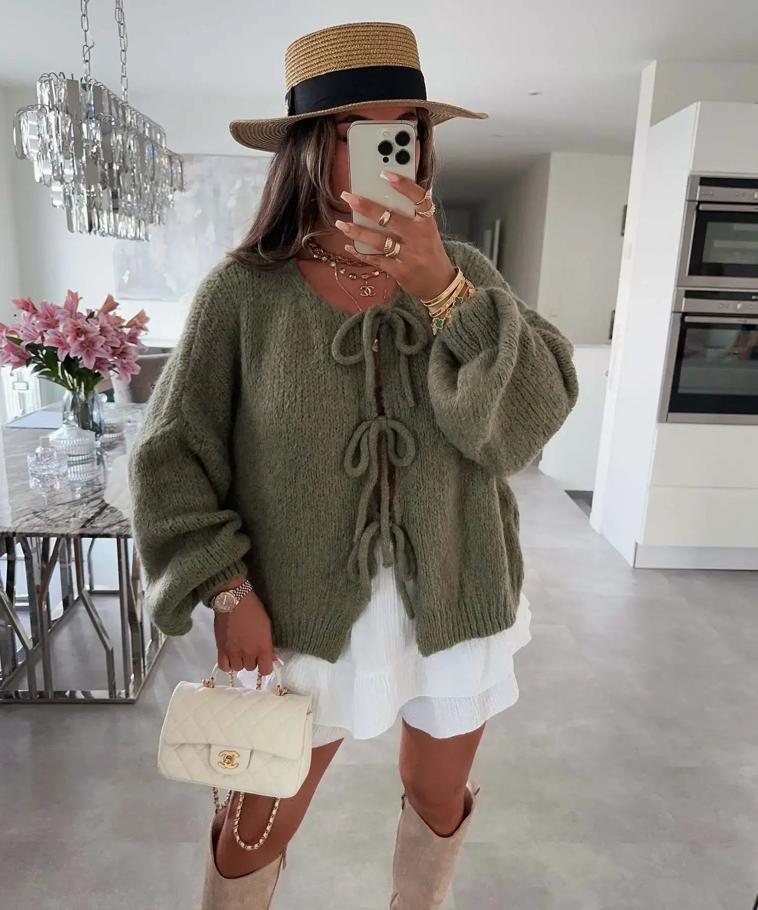 GETADME 2025 Vintage Y2k Sweaters Women Fall Tie Front Sweater Solid Color V-Neck Long Sleeve Loose Knitwear Soft Cardigan Tops Winter