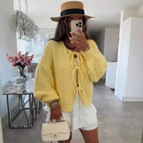 GETADME 2025 Vintage Y2k Sweaters Women Fall Tie Front Sweater Solid Color V-Neck Long Sleeve Loose Knitwear Soft Cardigan Tops Winter