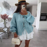 GETADME 2025 Vintage Y2k Sweaters Women Fall Tie Front Sweater Solid Color V-Neck Long Sleeve Loose Knitwear Soft Cardigan Tops Winter