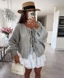 GETADME 2025 Vintage Y2k Sweaters Women Fall Tie Front Sweater Solid Color V-Neck Long Sleeve Loose Knitwear Soft Cardigan Tops Winter