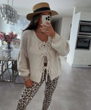 GETADME 2025 Vintage Y2k Sweaters Women Fall Tie Front Sweater Solid Color V-Neck Long Sleeve Loose Knitwear Soft Cardigan Tops Winter
