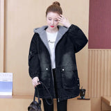 GETADME 2025 Winter New Women Lamb wool Thick Denim Jacket 5XL Loose Hooded Windbreaker Coat Casual Zipper Jeans Outerwear Warm Parkas