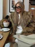 GETADME 2025 Women Chic Brown Oversized Full Sleeve Plush Furry Jacket Winter Luxury Lapel Thicken Fluffy Fur Coat Lady High Streetwear