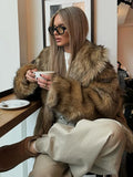 GETADME 2025 Women Chic Brown Oversized Full Sleeve Plush Furry Jacket Winter Luxury Lapel Thicken Fluffy Fur Coat Lady High Streetwear