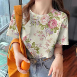 Women's Flower T-shirt Fashion Crew Neck Clothing Casual Comfort Short Sleeved Summer Loose Breathable Top Women's T-shirt