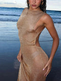 Getadme 섹시 딥 오픈 백 백리스 바디콘 핫 골드 컬러 롱 드레스 여성 사이드 스플릿 비치 맥시 드레스 우아한 클럽 파티 베스디소