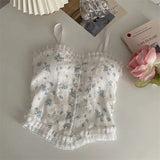 Y2k Tops French Floral Wood Ear-hem Camisole Women's Outer Wear with Breathable Lace Back-beautiful Underwear for Summer