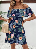 GETADME-우아한 패션 여성 드레스 라인 넥 반팔 러플 전신 프린트 러플 캐주얼