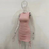 Getadme 섹시 레이스업 드로스트링 폴드 니트 슬림 바디콘 드레스 여성 민소매 솔리드 컬러 스키니 드레스 우아한 클럽 파티 베스디소