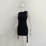 Getadme 섹시 레이스업 드로스트링 폴드 니트 슬림 바디콘 드레스 여성 민소매 솔리드 컬러 스키니 드레스 우아한 클럽 파티 베스디소