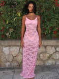 GETADME-Dulzura See Through Ruffled Patchwork Lace Cami Maxi Dress Sleeveless Sexy Long Dress Party Club  Autumn Y2K