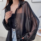 GETADME-Women Shirt Long Sleeve Top Blouse Female Chiffon Loose Summer Cardigan Thin Sexy Solid Color Casual Shirt Outerwear Прозрачная