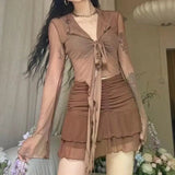 GETADME-Long Flare Sleeve Blouses for Women Lace-up Mesh Sexy Sweet Hot Girls Korean Fashion Style All-match Solid Design Elegant Casual