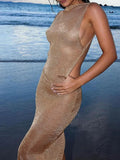 Getadme 섹시 딥 오픈 백 백리스 바디콘 핫 골드 컬러 롱 드레스 여성 사이드 스플릿 비치 맥시 드레스 우아한 클럽 파티 베스디소