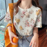 Women's Flower T-shirt Fashion Crew Neck Clothing Casual Comfort Short Sleeved Summer Loose Breathable Top Women's T-shirt