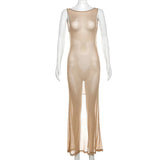 Getadme 섹시 딥 오픈 백 백리스 바디콘 핫 골드 컬러 롱 드레스 여성 사이드 스플릿 비치 맥시 드레스 우아한 클럽 파티 베스디소