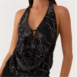 Getadme hirigin Sexy Glitter Sequin Tank Tops Women Y2K Fashion Deep V-neck Hollow Out Cropped Tops Tee Summer New Backless Beach Tops