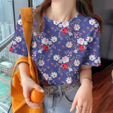 Women's Flower T-shirt Fashion Crew Neck Clothing Casual Comfort Short Sleeved Summer Loose Breathable Top Women's T-shirt