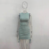 Getadme 섹시 레이스업 드로스트링 폴드 니트 슬림 바디콘 드레스 여성 민소매 솔리드 컬러 스키니 드레스 우아한 클럽 파티 베스디소