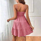 GETADME-보헤미안 비치 선드레스 여성 섹시 민소매 백리스 빅 스윙 미니 드레스 솔리드 스파게티 스트랩 러플 드레스 베스티도