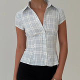 GETADME-hirigin Women's Y2K Short Sleeve Plaid Button Down Shirt Button Down Blouses Tops Casual Summer Shirt Tops 90s Streetwear