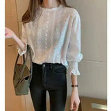 Getadme Dingaozlz Vintage style lace shirt Flare sleeve Hollow out White blouse Casual clothing New fashion Women lace Tops Blusa