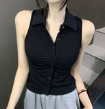 GETADME-Women's Short Sleeveless Polo Collar Slim Fit Shirt V-neck Hong Kong Style Outerwear Summer Wear Folded Collar Single Button