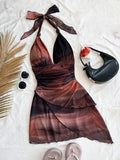 GETADME-2025 Europe and the United States Fashion Gauze Printed Neck Sleeveless Sexy Tight Deep V Short Sexy Pure Backless Dress