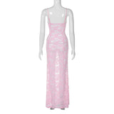 GETADME-Dulzura See Through Ruffled Patchwork Lace Cami Maxi Dress Sleeveless Sexy Long Dress Party Club  Autumn Y2K