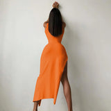 Getadme Y2k Sleeveless Orange Midi Women's Dresses Side Slit Turtleneck Setting Bodycon Sexy Party Elegant Dress 2025 Basic Vintage Robe