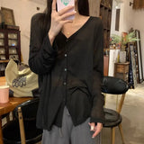 GETADME-Solid V-neck Shirt Women Spring Single Breasted Chiffon Loose Slim All-match Sun Protection Thin Breathable Fashion Slim Cozy