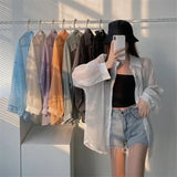 GETADME-Women Shirt Long Sleeve Top Blouse Female Chiffon Loose Summer Cardigan Thin Sexy Solid Color Casual Shirt Outerwear Прозрачная