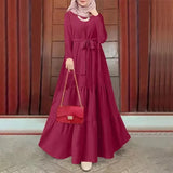 Cross-Border Muslim Solid Color Round Neck Long Sleeve Fashionable Dress With Belt Kaftan Style Casual Ethnic Wear