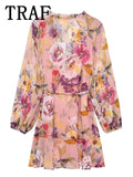 TRAF Womens Dresses Flower Print Elegant Short Dress Spring 2025 New Ruffles Mini Dress Women Long Sleeve Evening Party Dresses