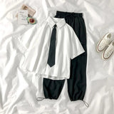 GETADME 화이트 셔츠 여성 패션 블랙 타이 일본 스타일 프레피 학생 JK 걸스 블라우스 심플 솔리드 루즈 여름 버튼업 상의 신상품