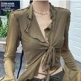GETADME-Long Flare Sleeve Blouses for Women Lace-up Mesh Sexy Sweet Hot Girls Korean Fashion Style All-match Solid Design Elegant Casual