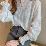 Getadme Dingaozlz Vintage style lace shirt Flare sleeve Hollow out White blouse Casual clothing New fashion Women lace Tops Blusa