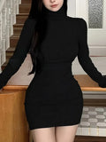 유럽과 미국 최신 봄 가을 터틀넥 롱 슬리브 타이트 백 힙 기질 원피스