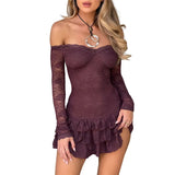 GETADME-여성용 미니 드레스 레이스 보트넥 오프숄더 긴팔 드레스 봄 가을 주름 장식 밑단 캐주얼 드레스