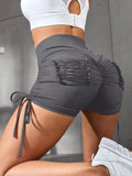 GETADME-Sporty High Waist Scrunch Butt Wide Waistband Drawstring Tie Knot Side Running Yoga Exercise Elasticity Shorts