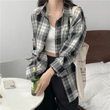 GETADME-Casual Long Sleeves Autumn Blouse Korean Mid Length Loose Women Winter Plaid Shirt Female Fashion Turn Down Collar Tops