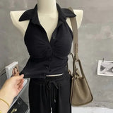 GETADME-Women's Short Sleeveless Polo Collar Slim Fit Shirt V-neck Hong Kong Style Outerwear Summer Wear Folded Collar Single Button